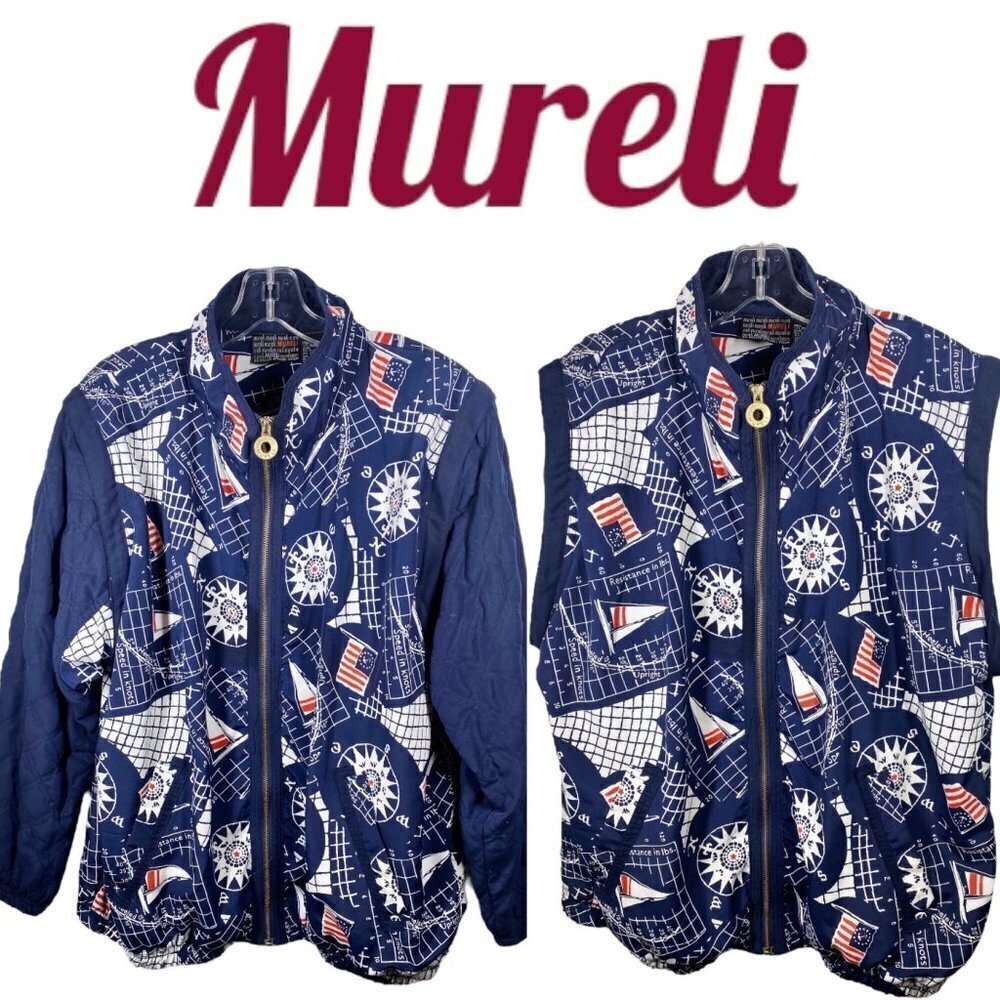 MURELI Vintage 90s Nautical Convertible Quilted Windbreaker Jacket Vest, Large‎